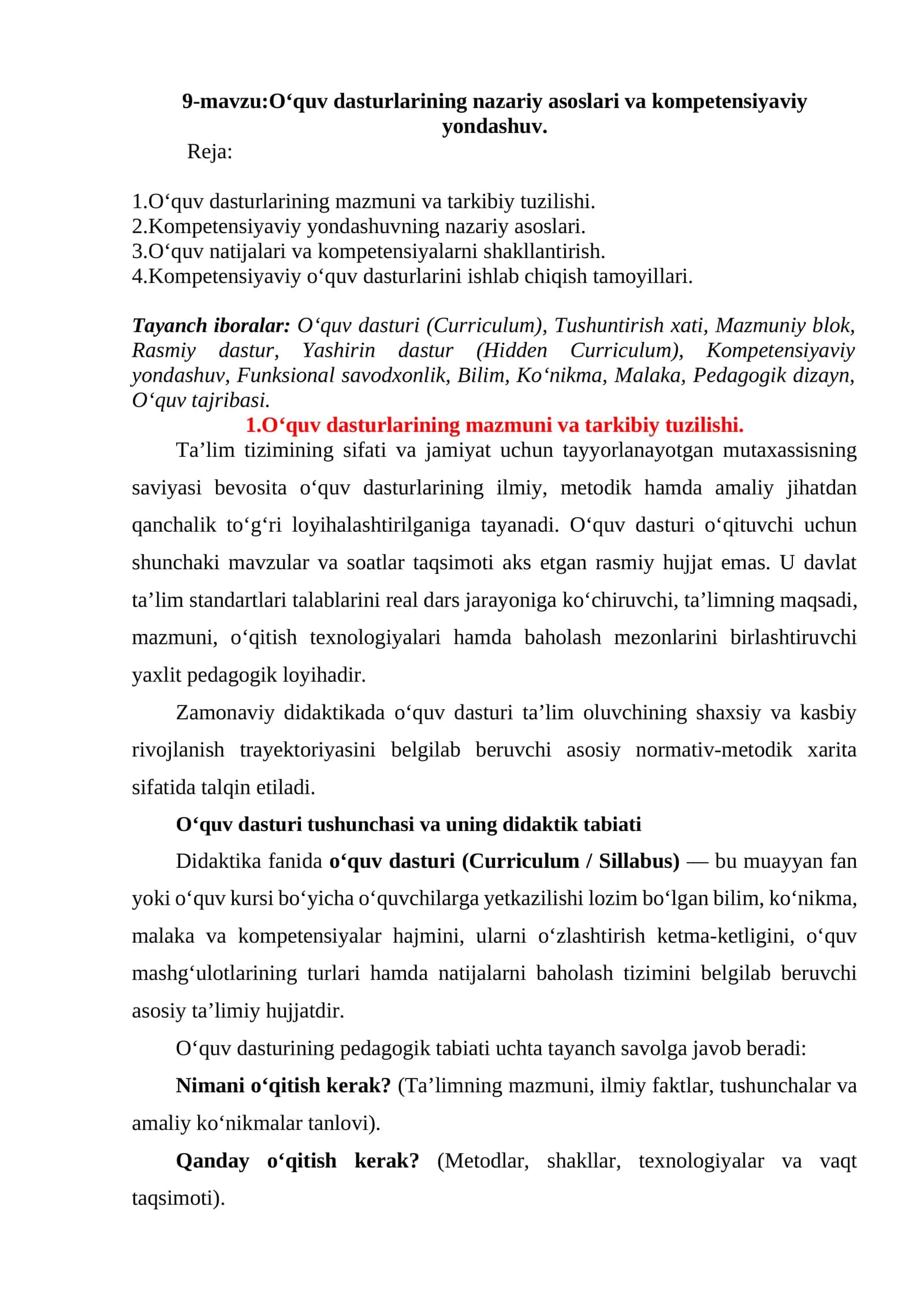 O‘quv dasturlarining mazmuni va tarkibiy tuzilishi