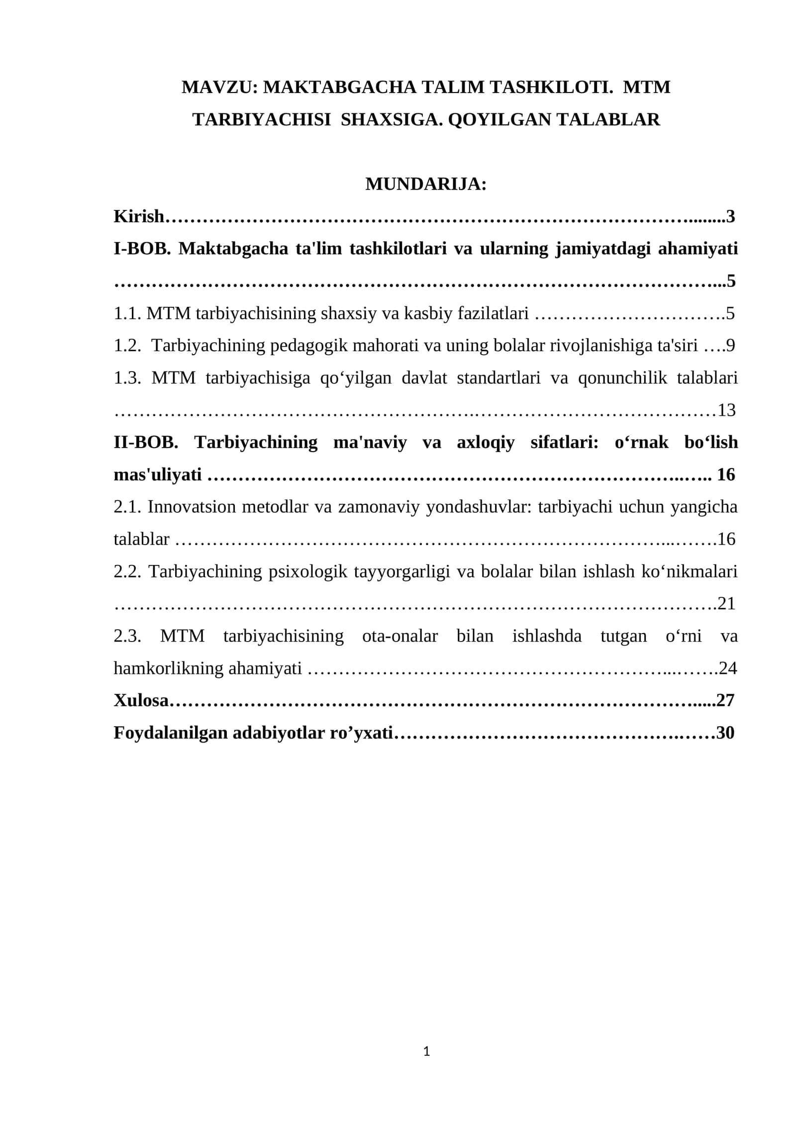 MAKTABGACHA TALIM TASHKILOTI. MTM TARBIYACHISI SHAXSIGA. QOYILGAN TALABLAR