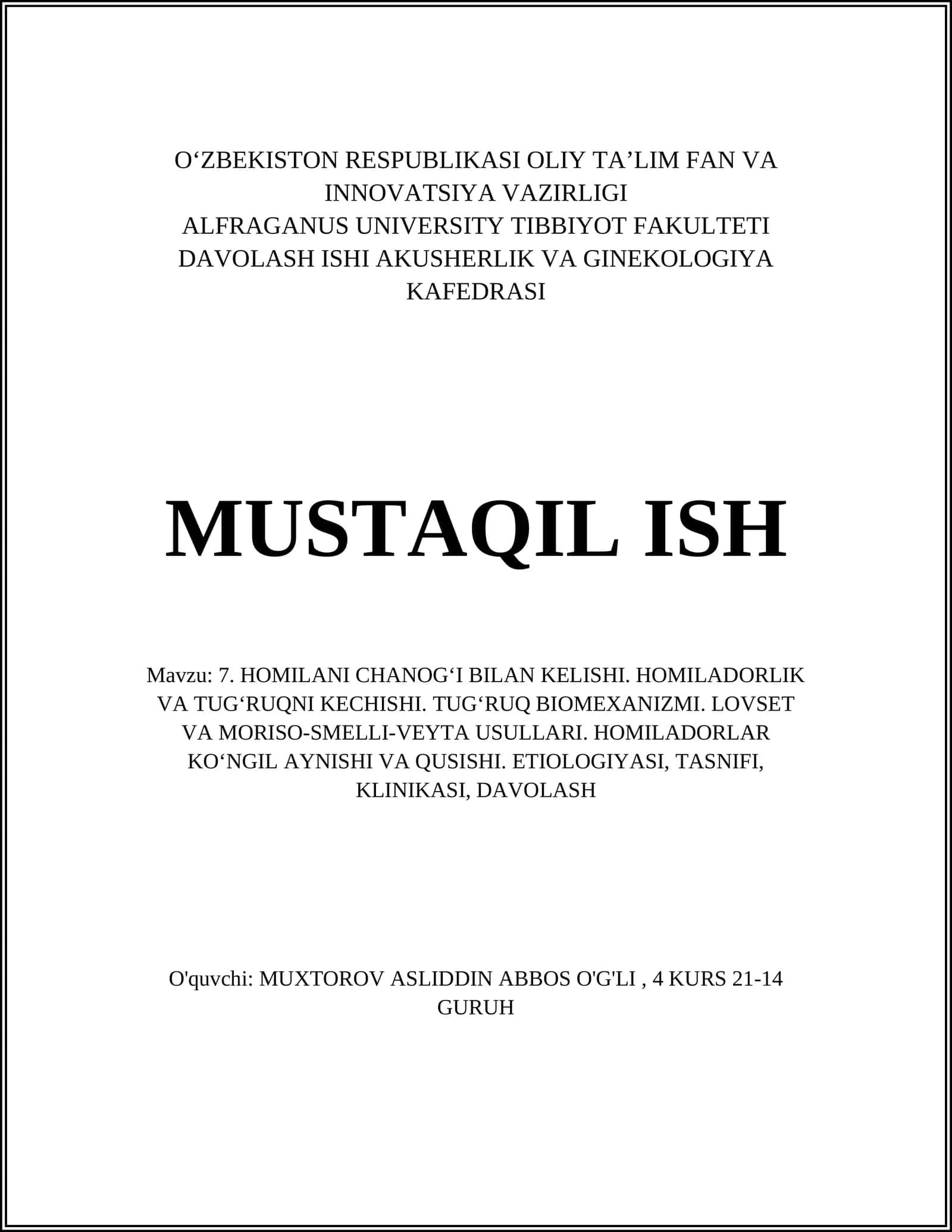 HOMILANI CHANOG‘I BILAN KELISHI