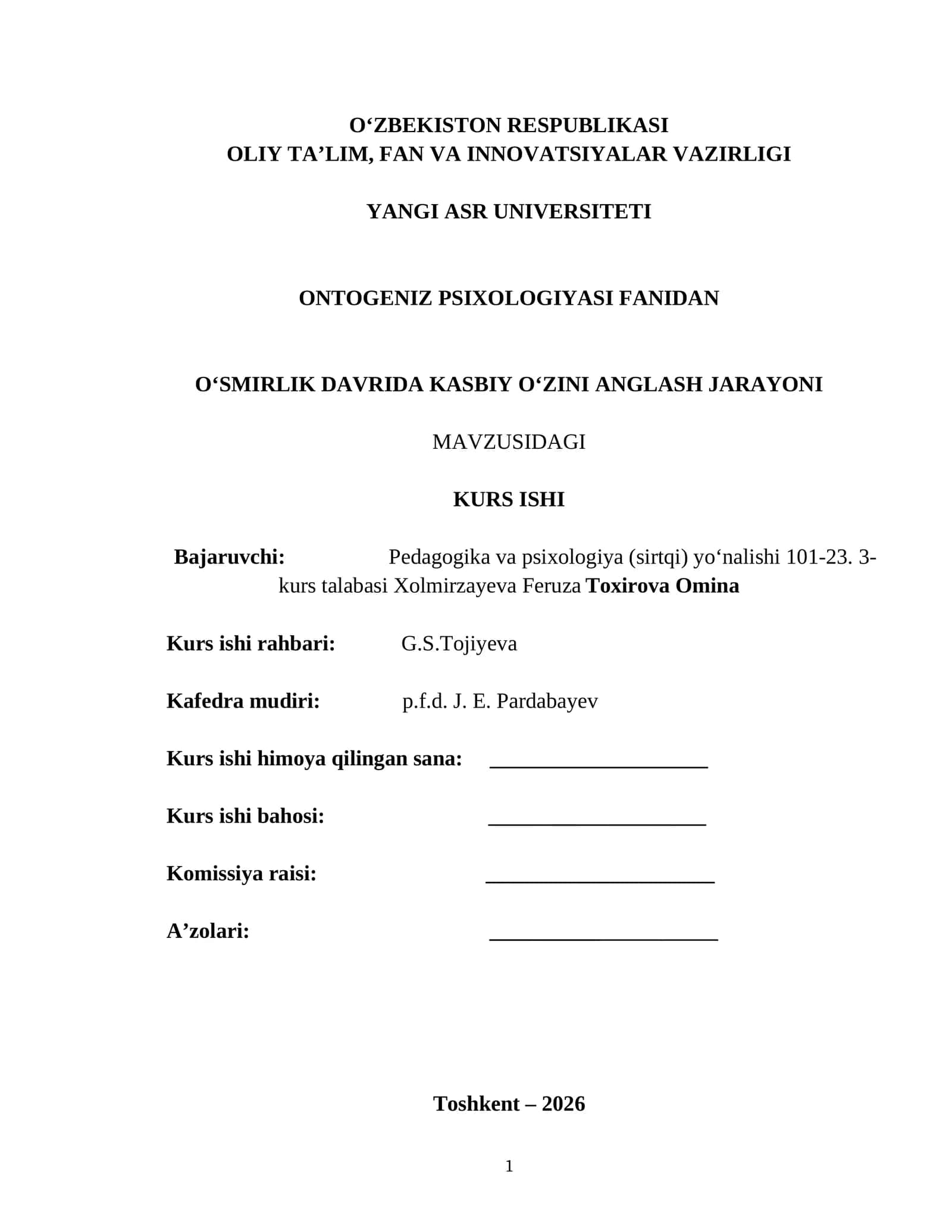 Ontogeniz Psixologiyasi Fanidan O‘smirlik Davrida Kasbiy O‘zini Anglash Jarayoni Kurs Ishi