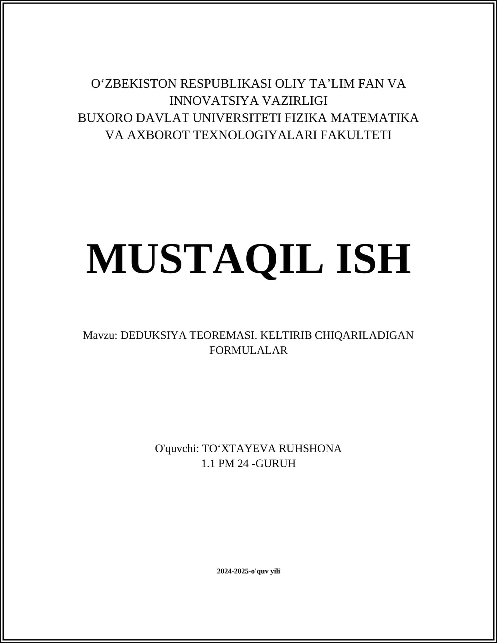 DEDUKSIYA TEOREMASI. KELTIRIB CHIQARILADIGAN FORMULALAR