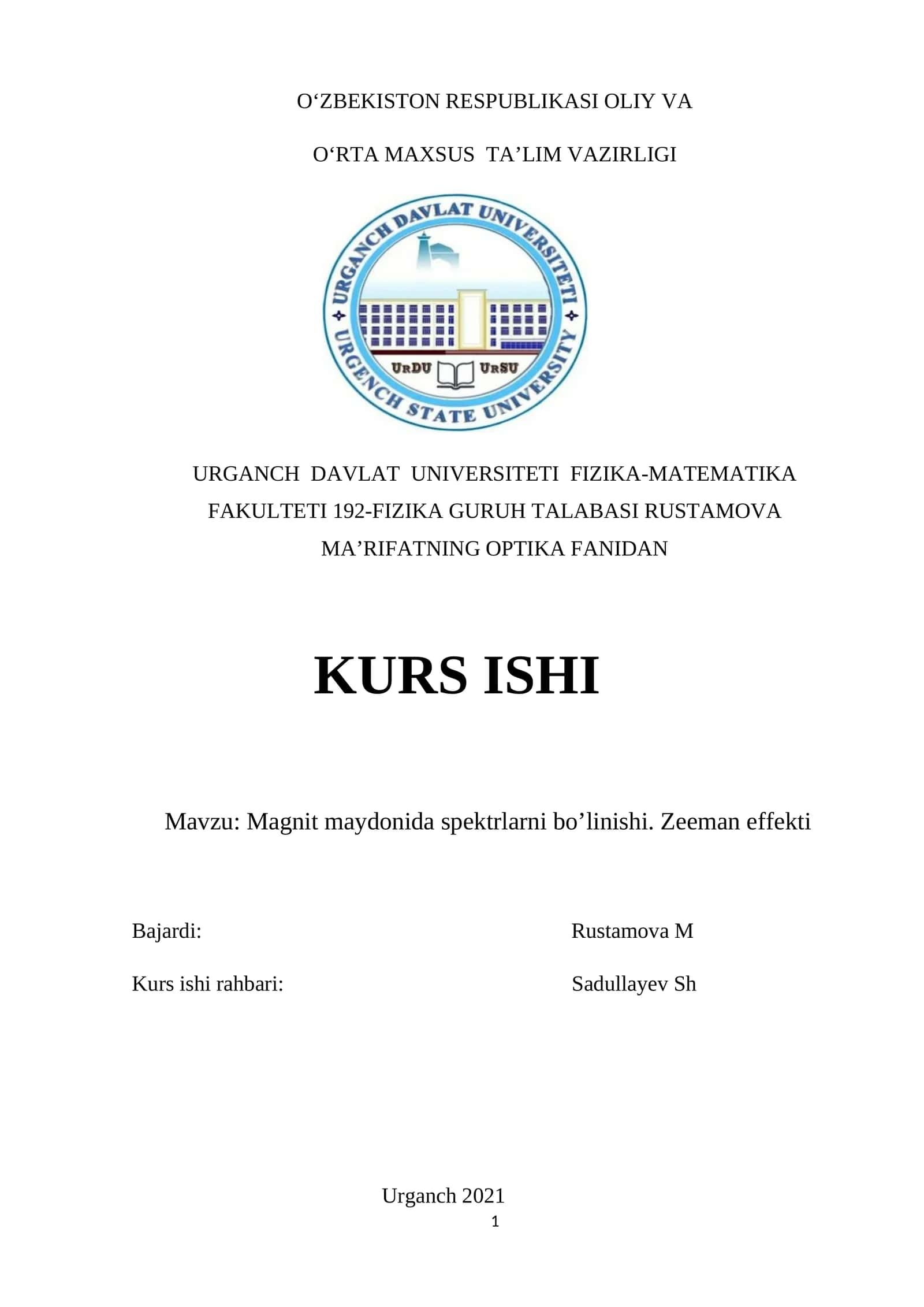 Magnit maydonida spektrlarni bo’linishi. Zeeman effekti