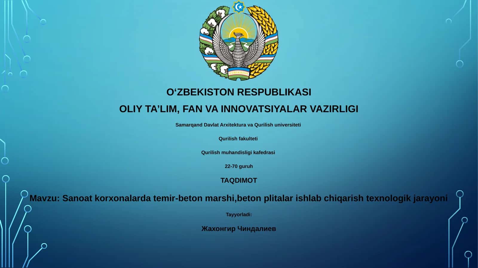 Sanoat korxonalarda temir-beton marshi,beton plitalar ishlab chiqarish texnologik jarayoni