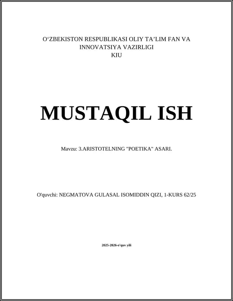 ARISTOTELNING "POETIKA" ASARI