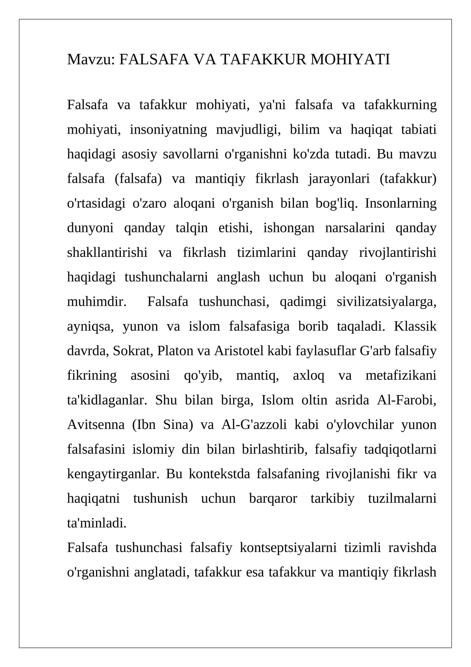 FALSAFA VA TAFAKKUR MOHIYATI