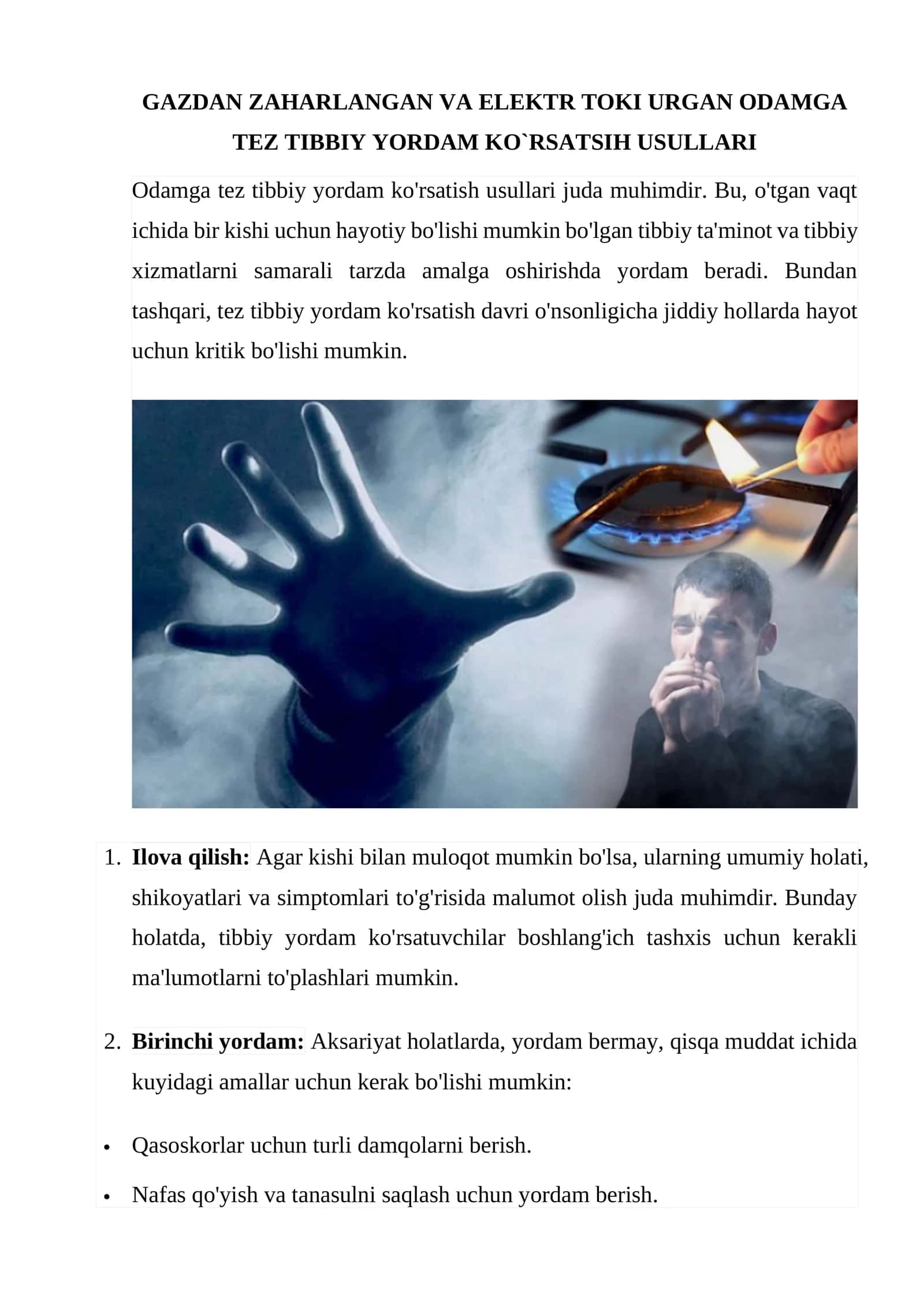 Odamga tez tibbiy yordam ko`rsatish usullari