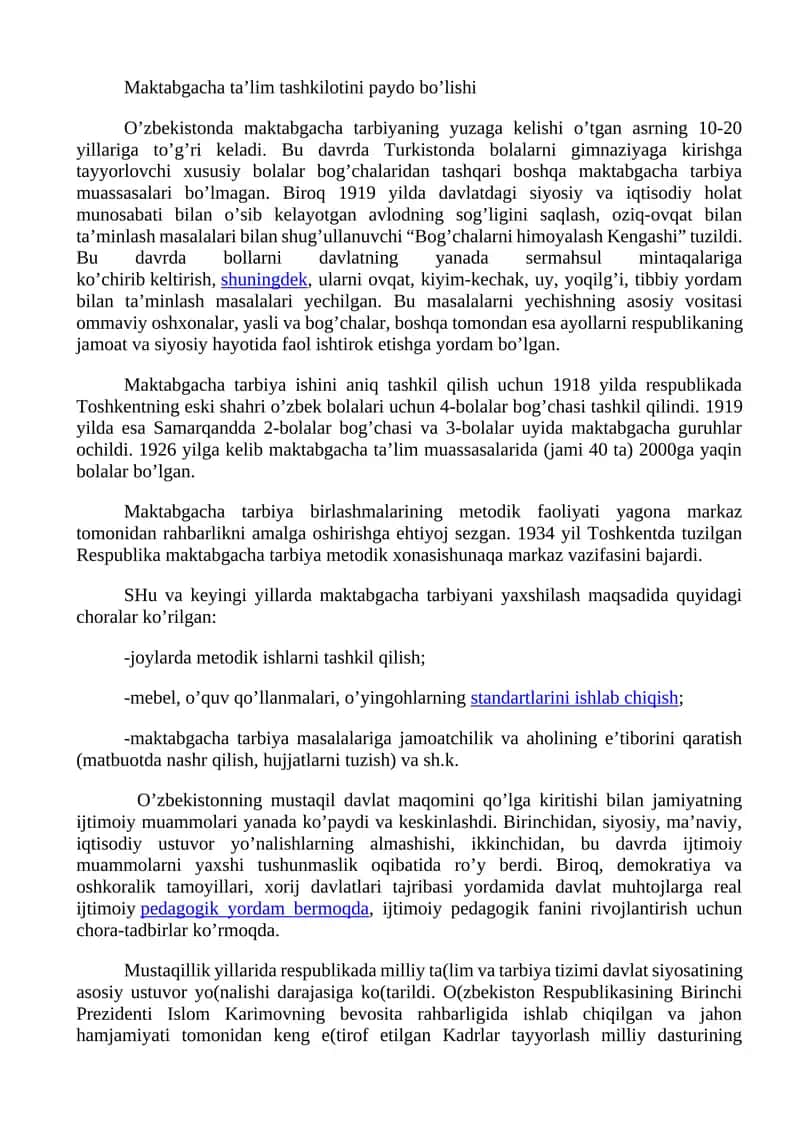 Maktabgacha ta’lim tashkilotini paydo bo’lishi