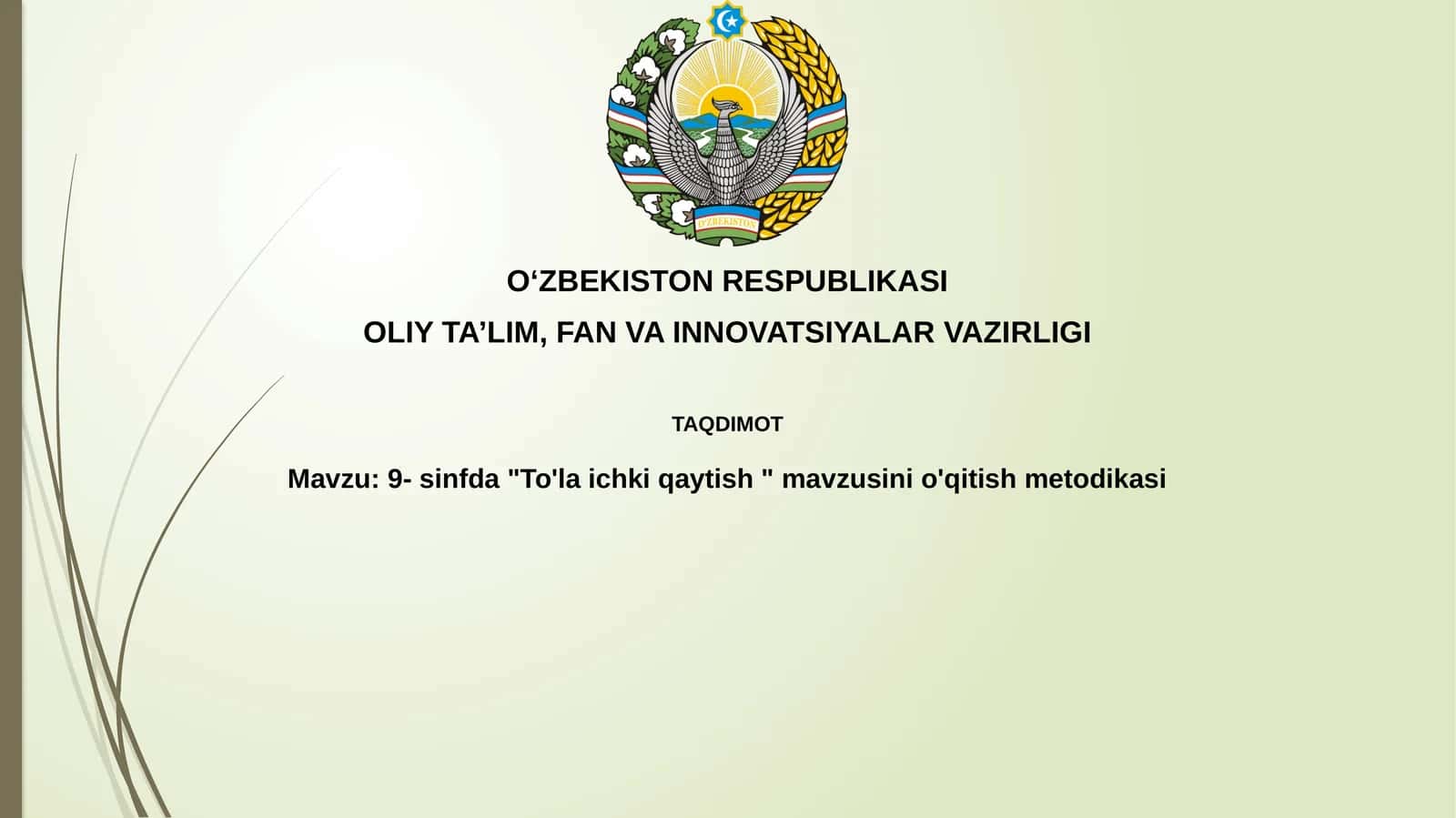 9-sinfda"To'laichkiqaytish"mavzusinio'qitishmetodikasi