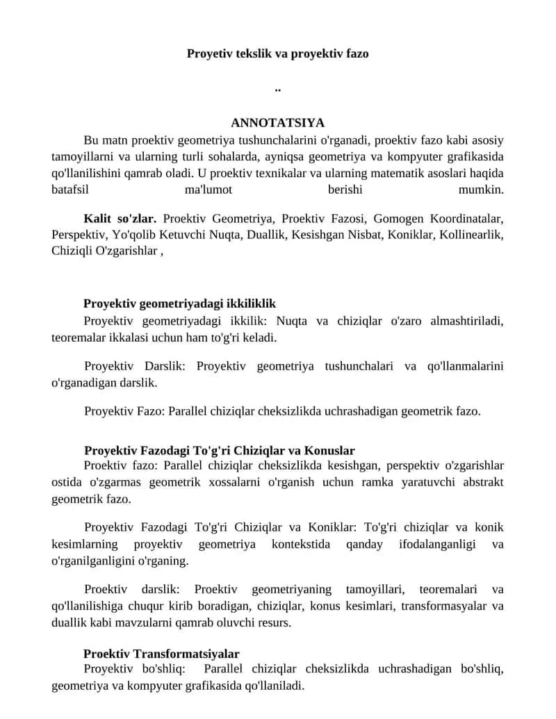 Proyektiv tekslik va proyektiv fazo