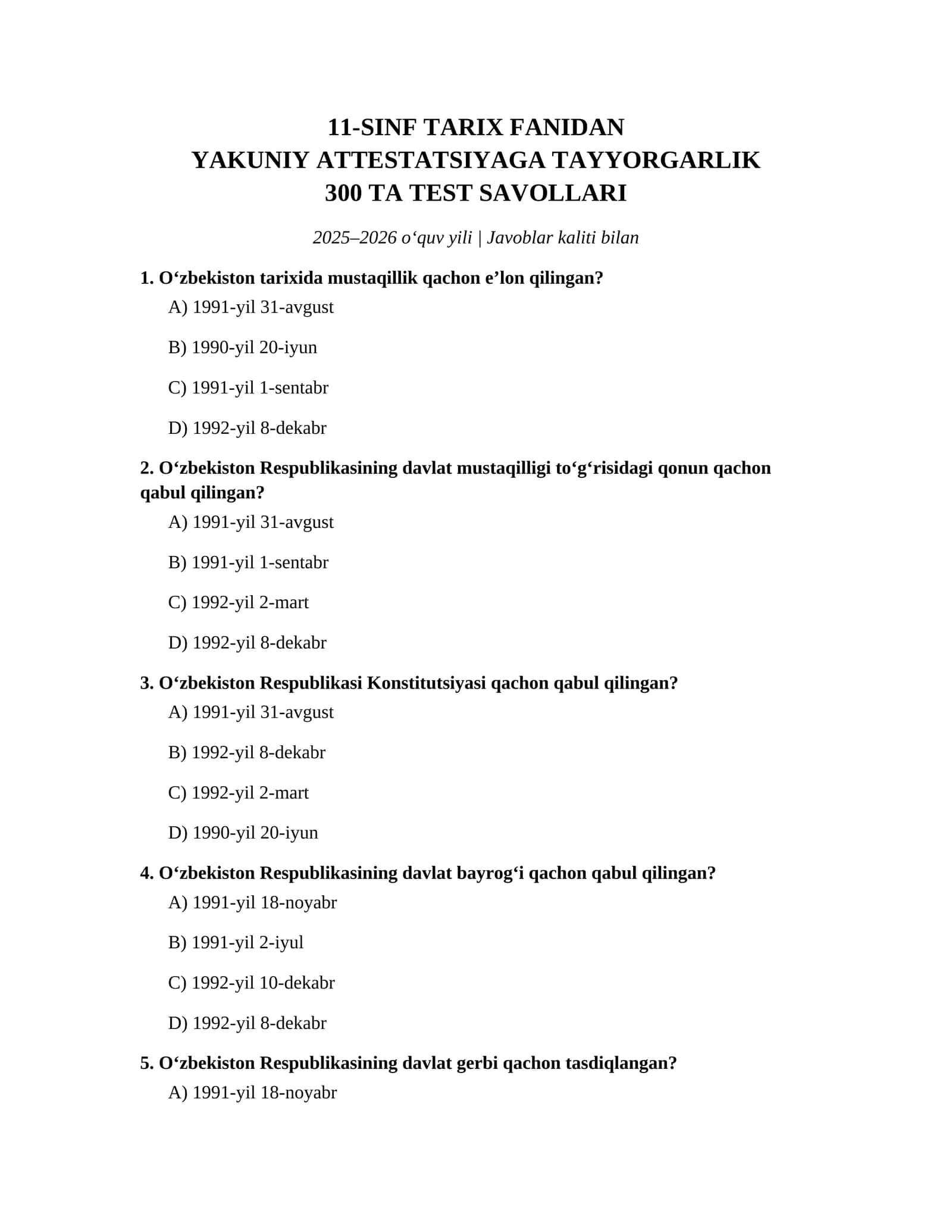 11-sinf tarix fanidan yakuniy attestatsiya imtihonlari javoblari 2026 oʻquv yili