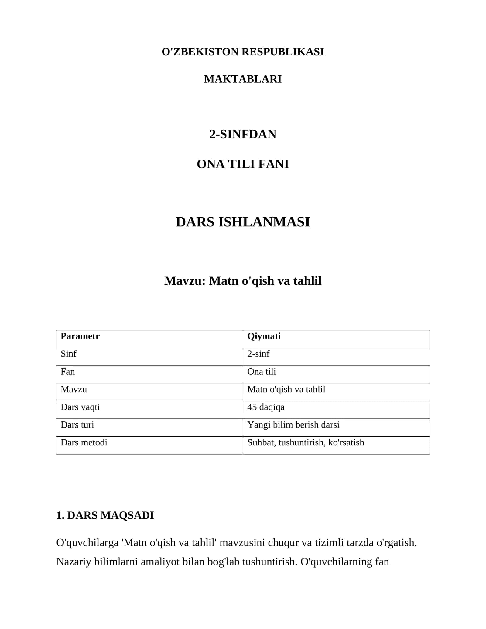 Matn o'qish va tahlil Dars ishlanmasi