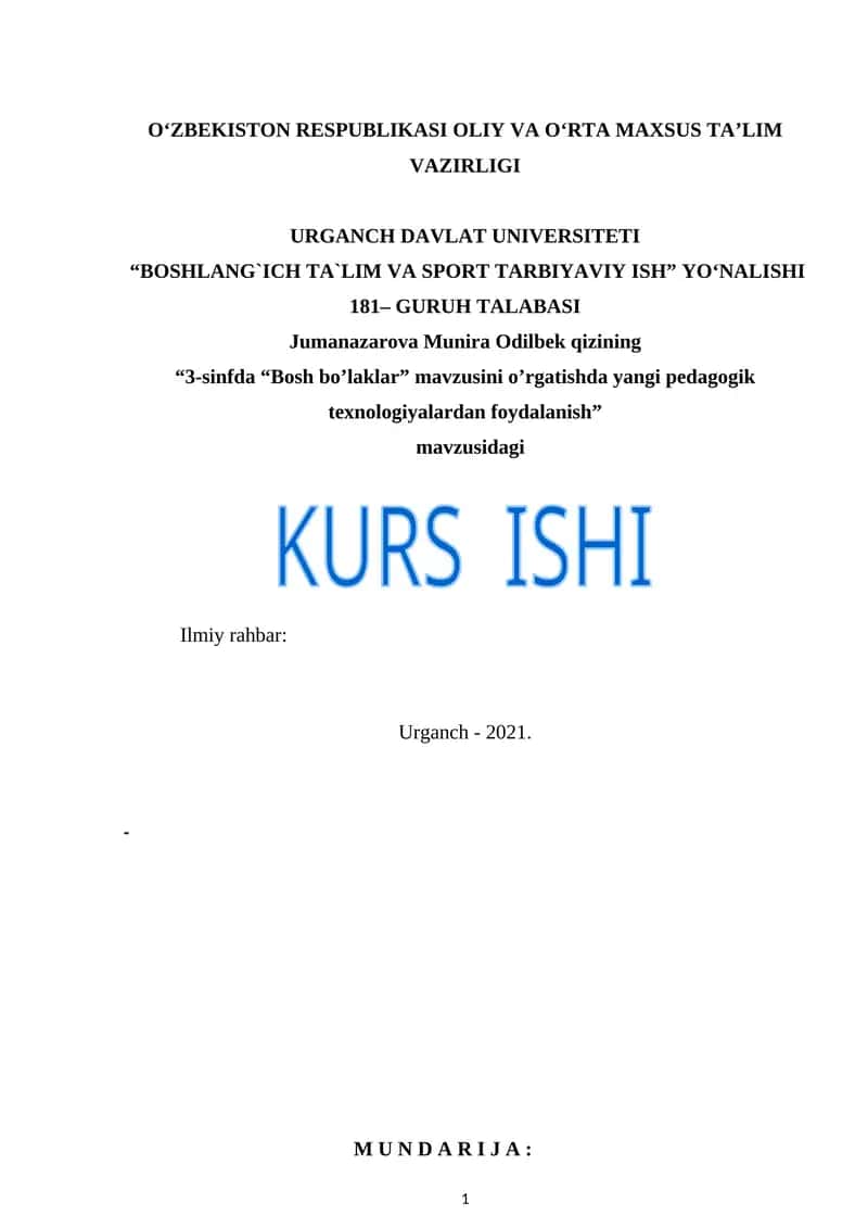 3-sinfda “Bosh bo’laklar” mavzusini o’rgatishda yangi pedagogik texnologiyalardan foydalanish