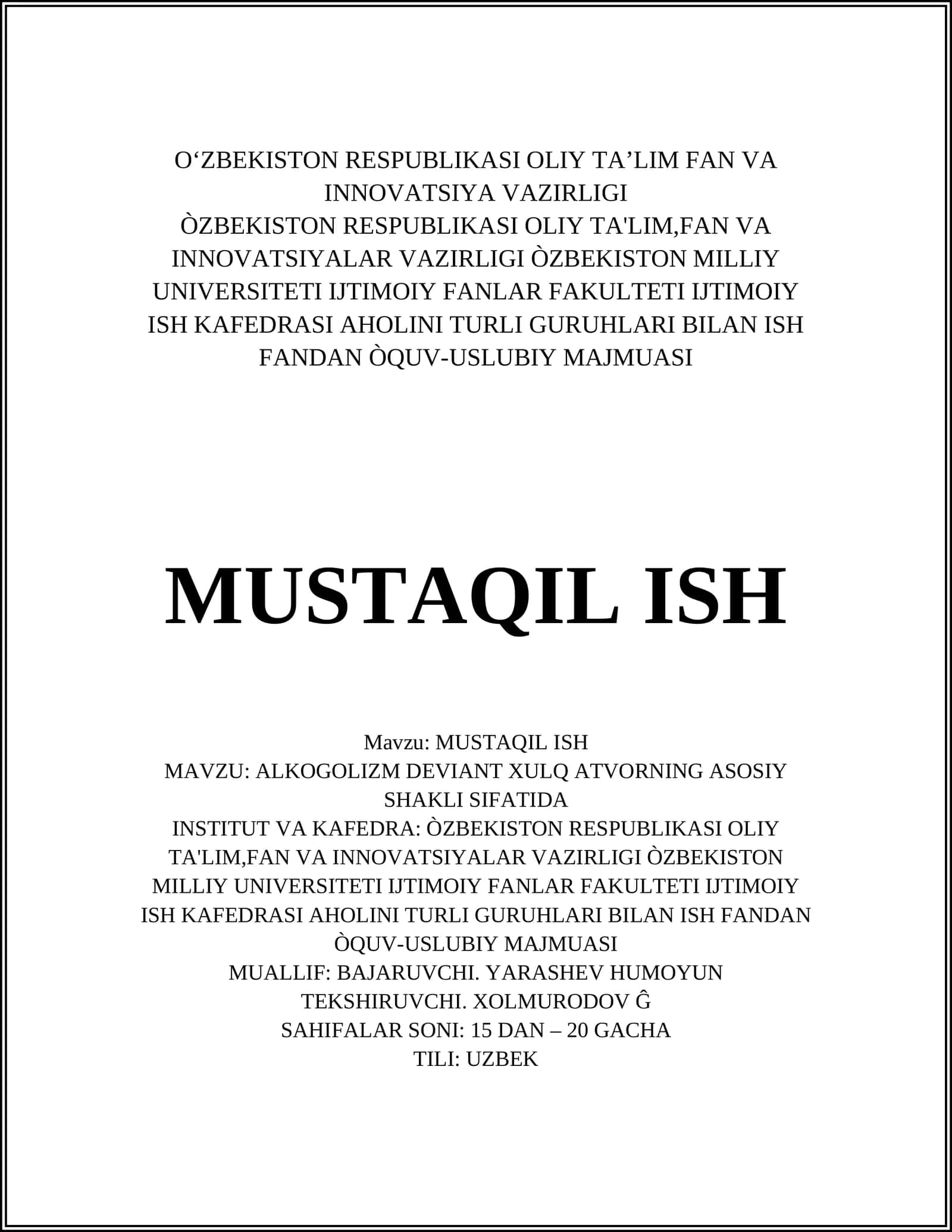 ALKOGOLIZM DEVIANT XULQ ATVORNING ASOSIY SHAKLI SIFATIDA