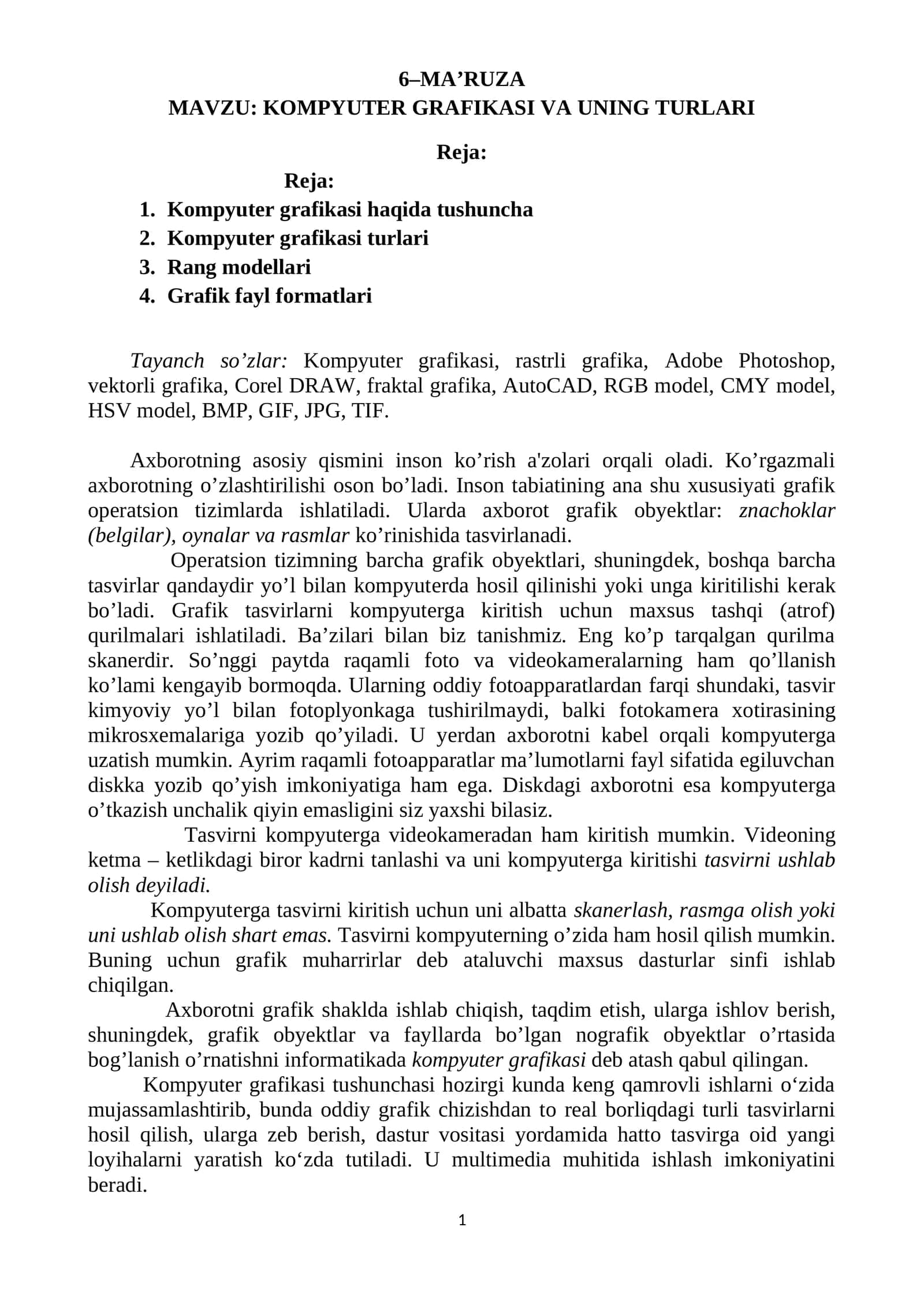 KOMPYUTER GRAFIKASI VA UNING TURLARI