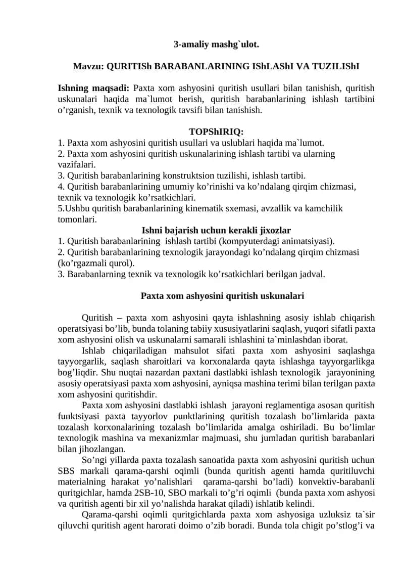 QURITISh BARABANLARINING IShLAShI VA TUZILIShI