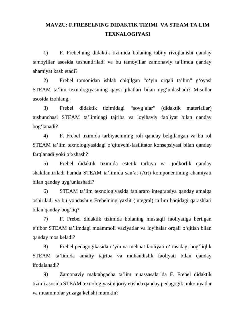 F.FREBELNING DIDAKTIK TIZIMI VA STEAM TA'LIM TEXNALOGIYASI
