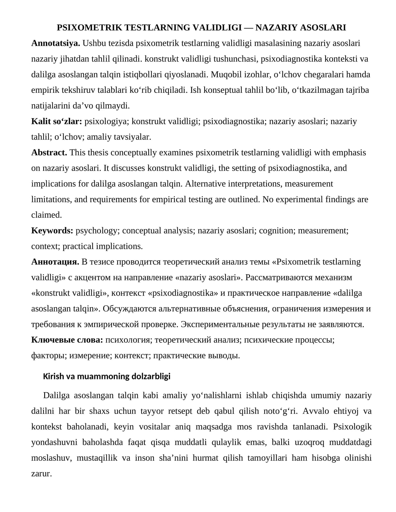PSIXOMETRIK TESTLARNING VALIDLIGI — NAZARIY ASOSLARI