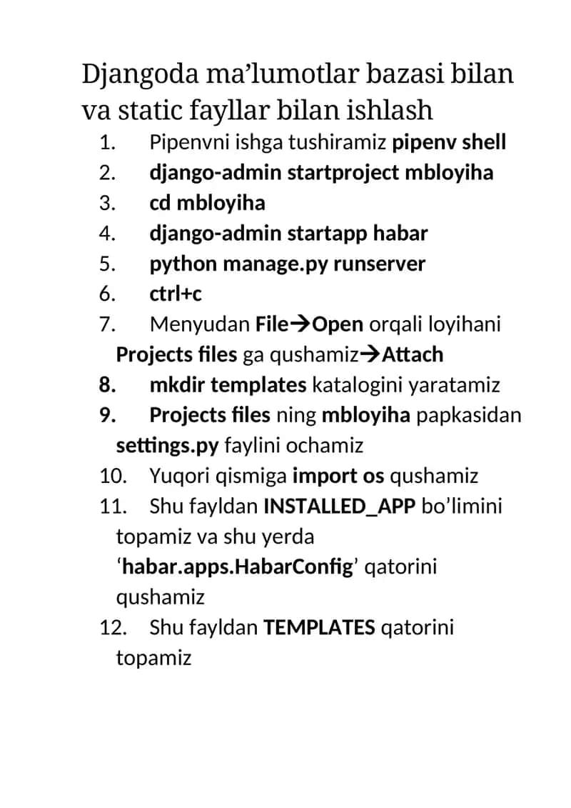 Djangoda ma'lumotlar bazasi bilan va static fayllar bilan ishlash