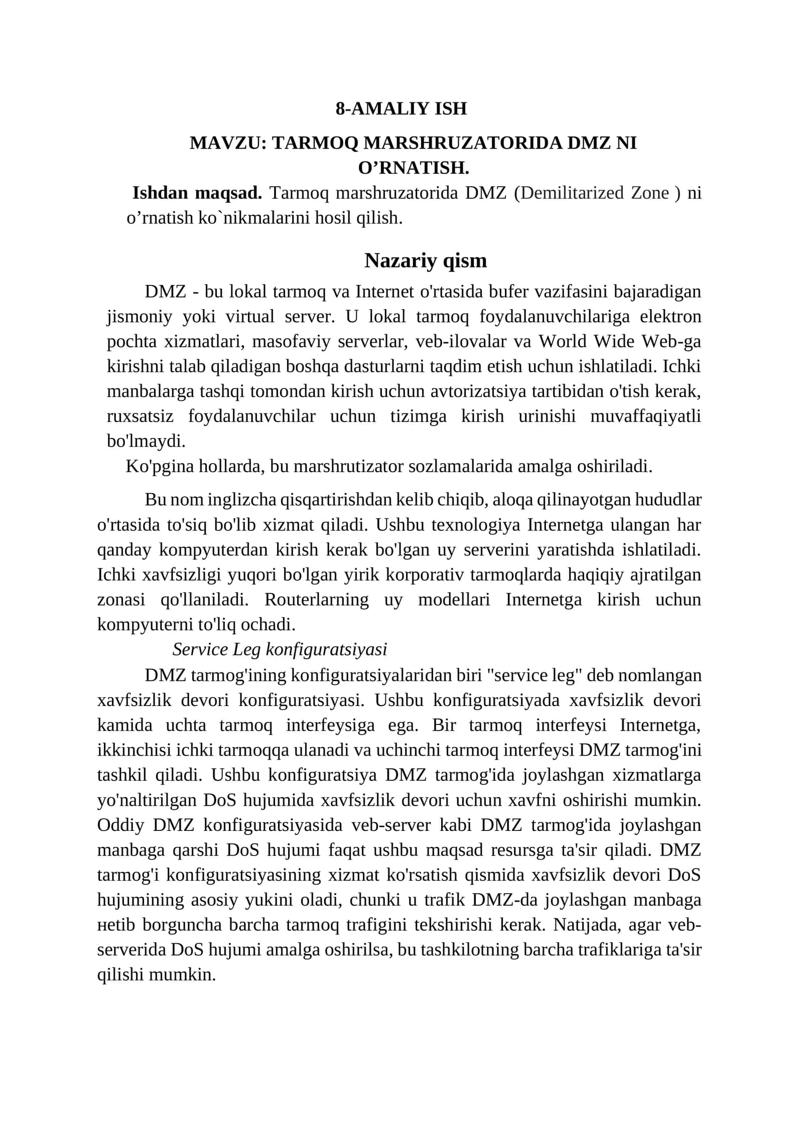 TARMOQ MARSHRUZATORIDA DMZ NI O’RNATISH