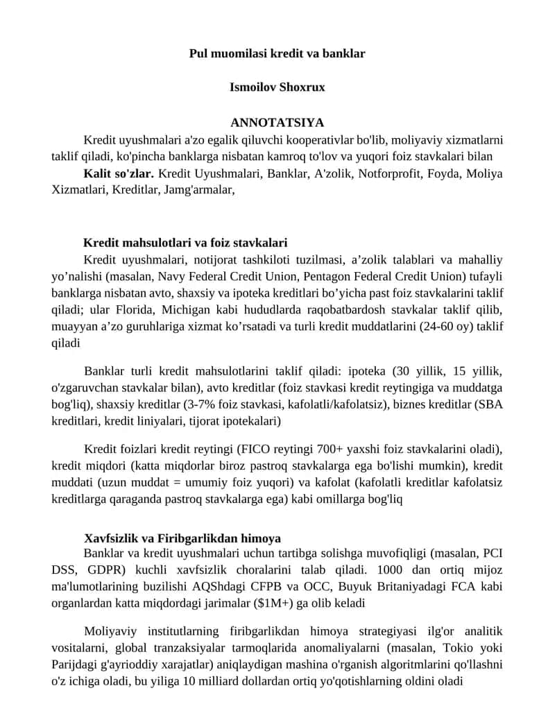 Kredit mahsulotlari va foiz stavkalari