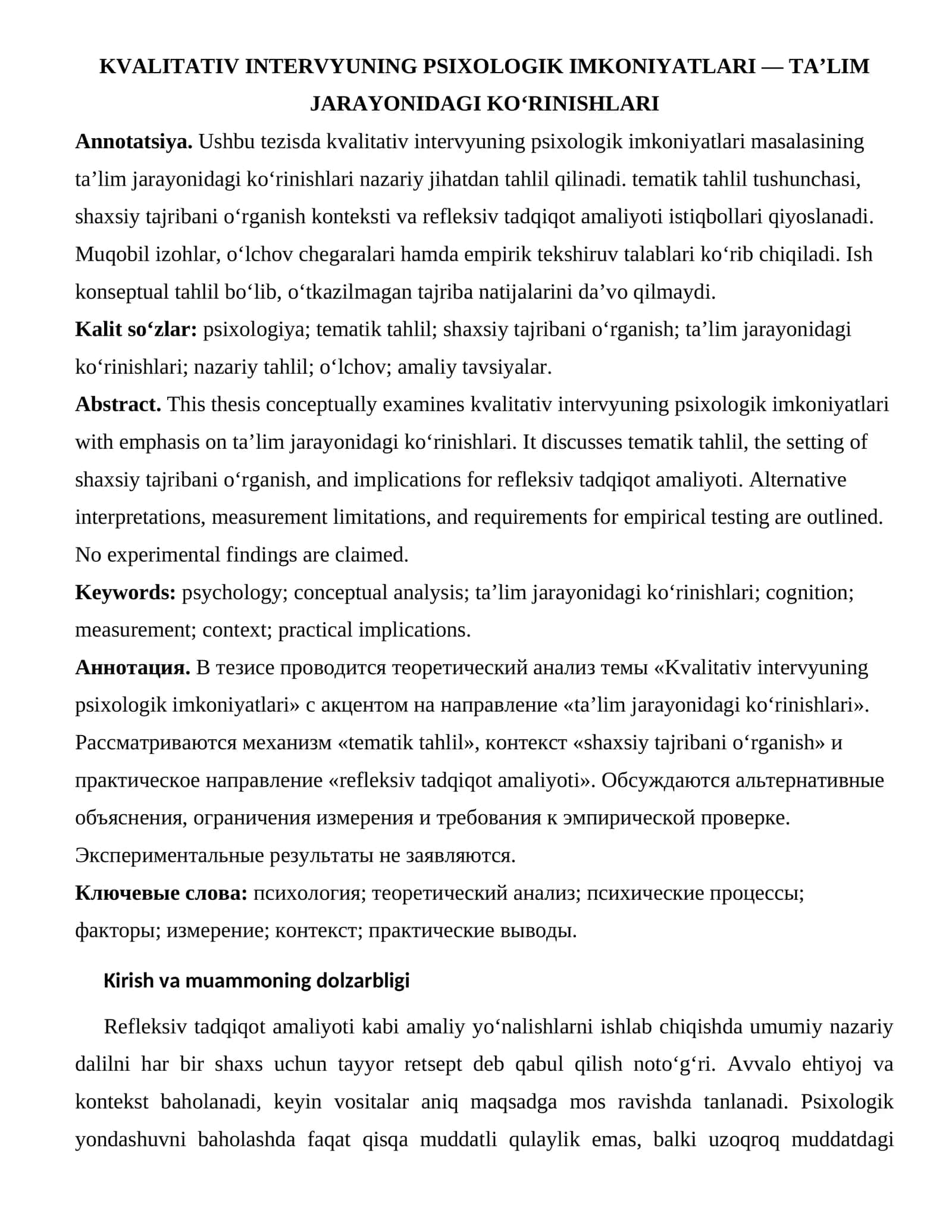 KVALITATIV INTERVYUNING PSIXOLOGIK IMKONIYATLARI — TA’LIM JARAYONIDAGI KO‘RINISHLARI