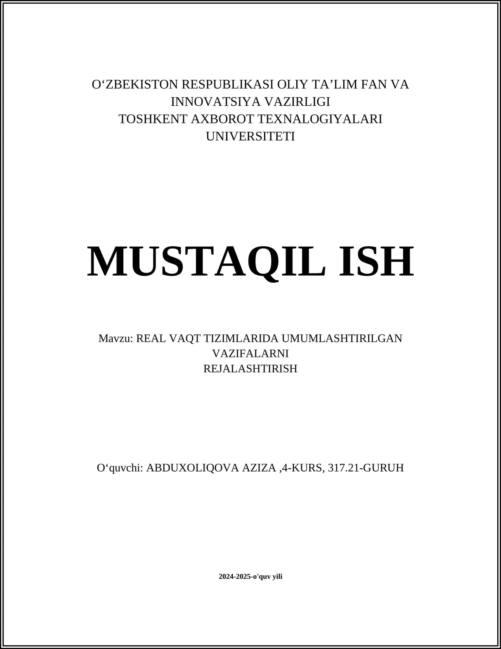 REAL VAQT TIZIMLARIDA UMUMLASHTIRILGAN VAZIFALARNI REJALASHTIRISH