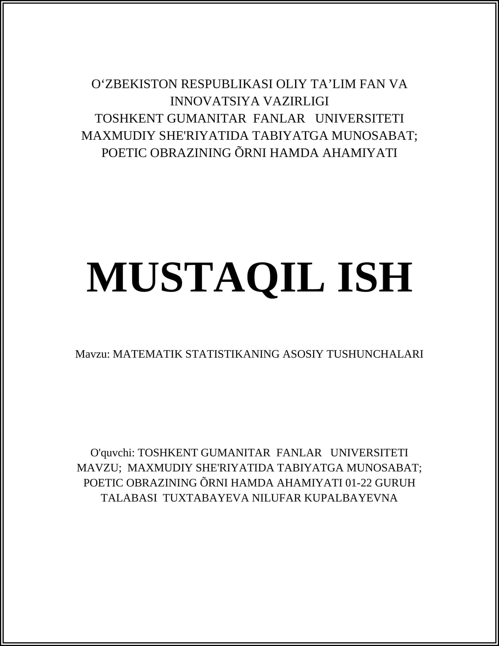 MATEMATIK STATISTIKANING ASOSIY TUSHUNCHALARI