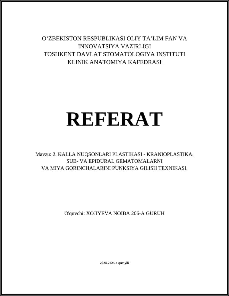 KALLA NUQSONLARI PLASTIKASI - KRANIOPLASTIKA