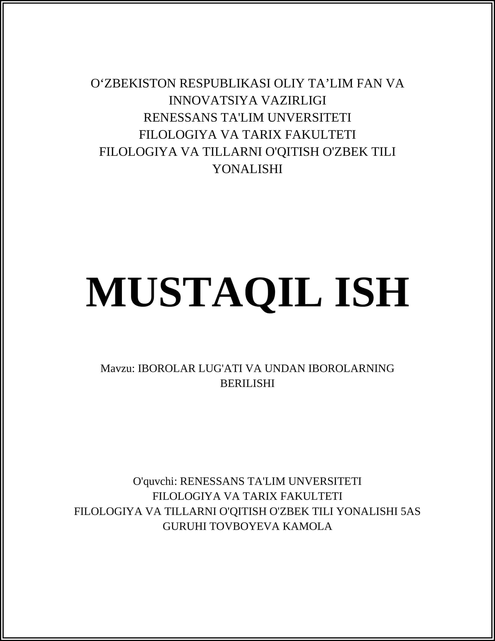 IBOROLAR LUG'ATI VA UNDAN IBOROLARNING BERILISHI