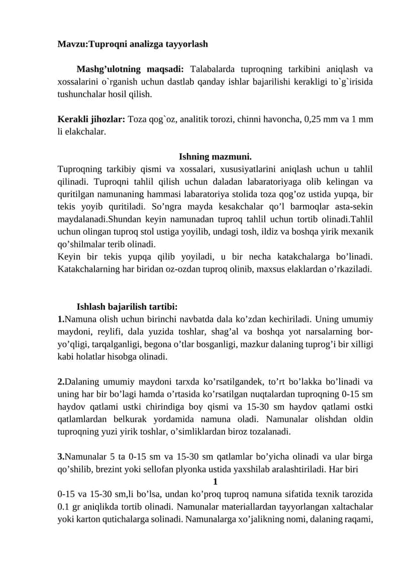 Tuproqni analizga tayyorlash