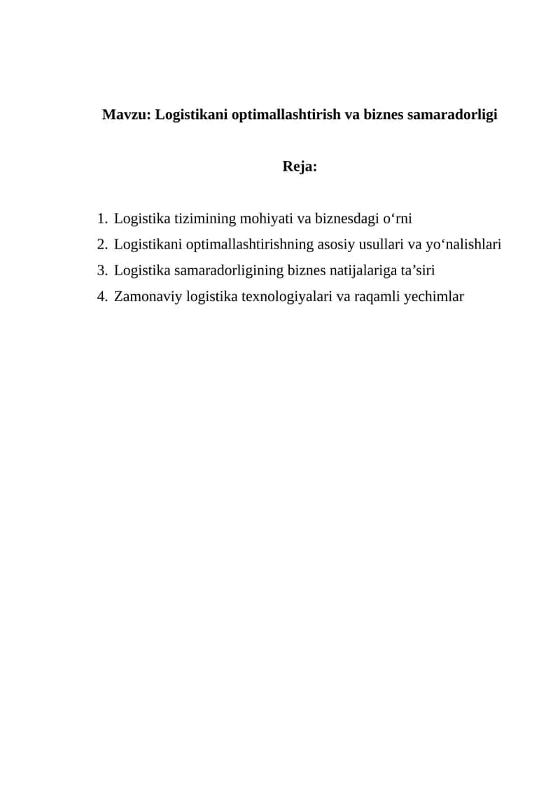 Logistikani optimallashtirish va biznes samaradorligi