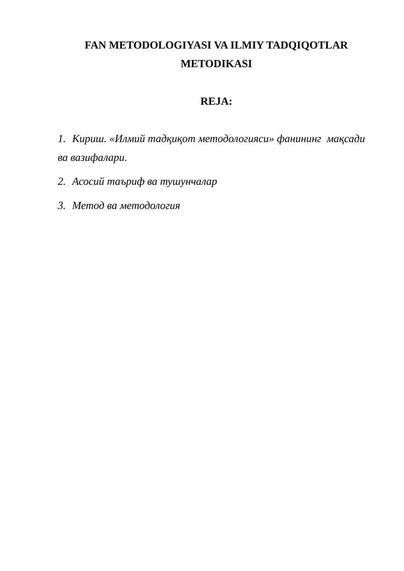 FAN METODOLOGIYASI VA ILMIY TADQIQOTLAR METODIKASI