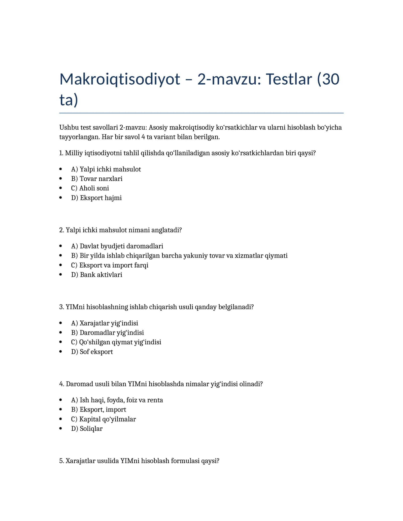 Makroiqtisodiyot – 2-mavzu: Testlar (30 ta)