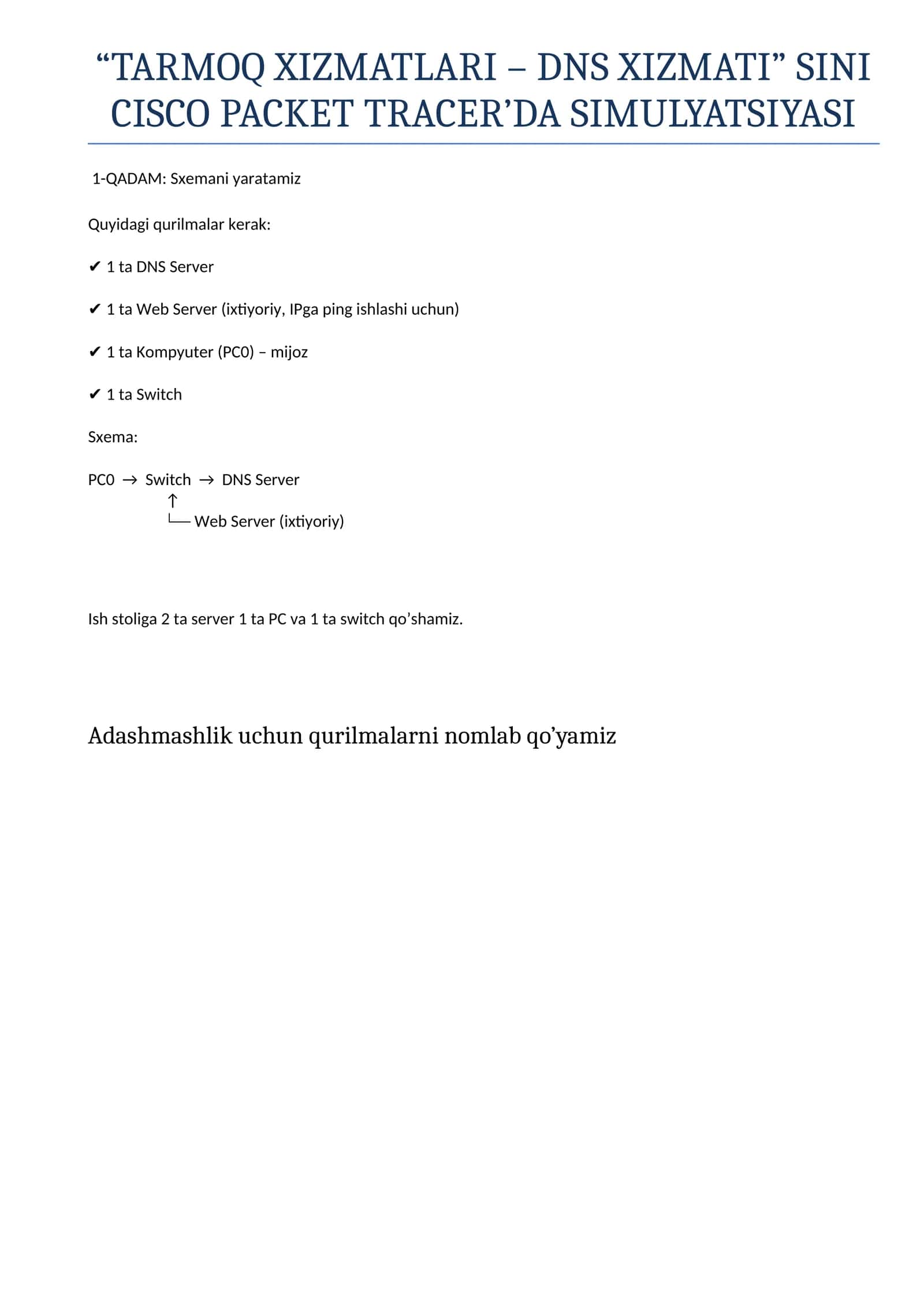TARMOQ XIZMATLARI – DNS XIZMATI SINI CISCO PACKET TRACER’DA SIMULYATSIYASI