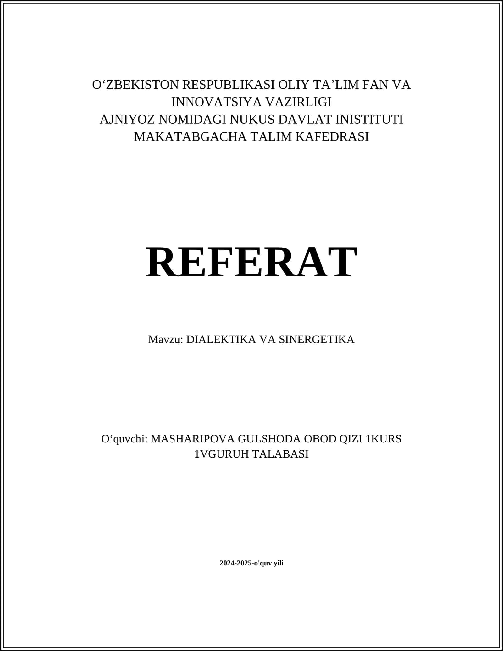 DIALEKTIKA VA SINERGETIKA