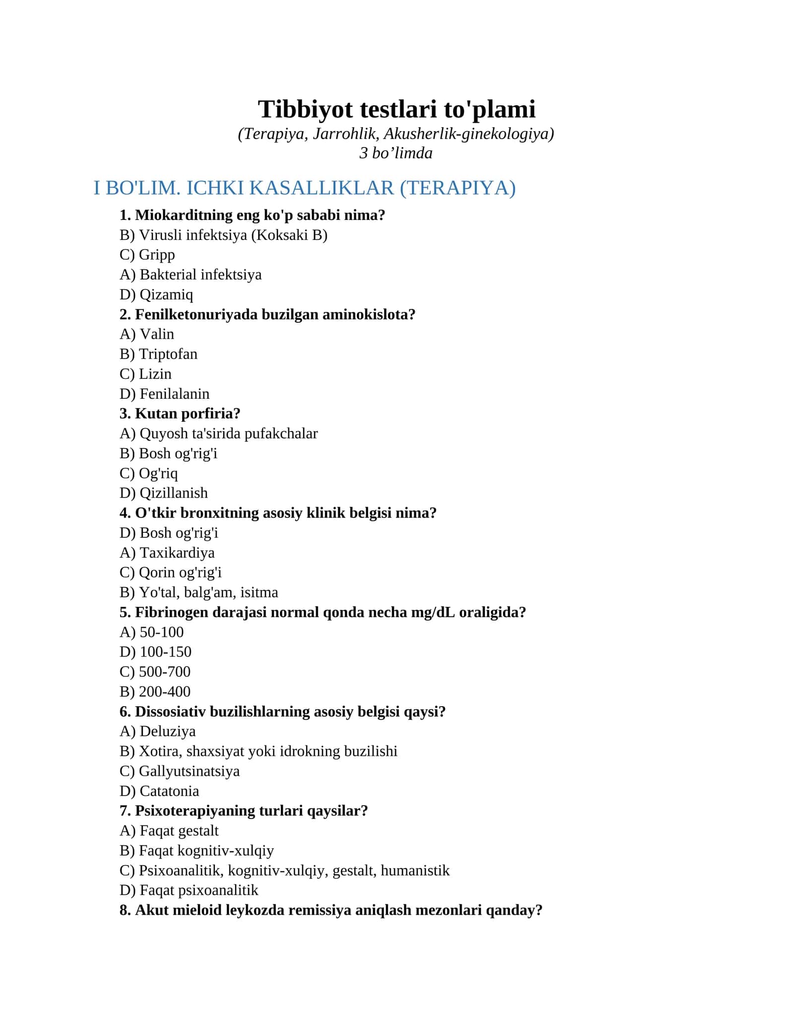 Tibbiyot testlari to'plami