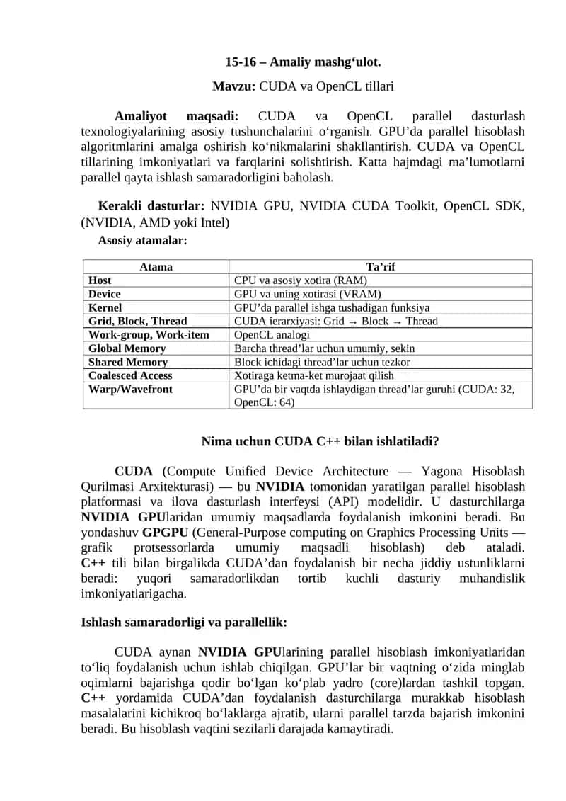 CUDA va OpenCL tillari