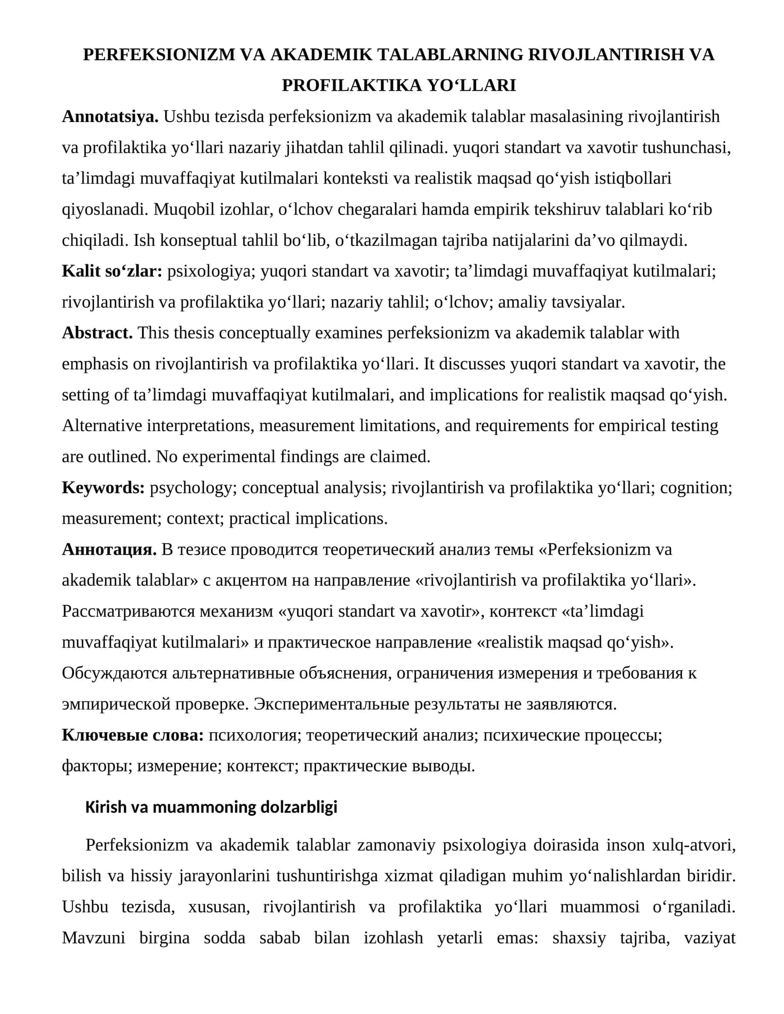 Perfeksionizm va akademik talablarning rivojlantirish va profilaktika yo‘llari