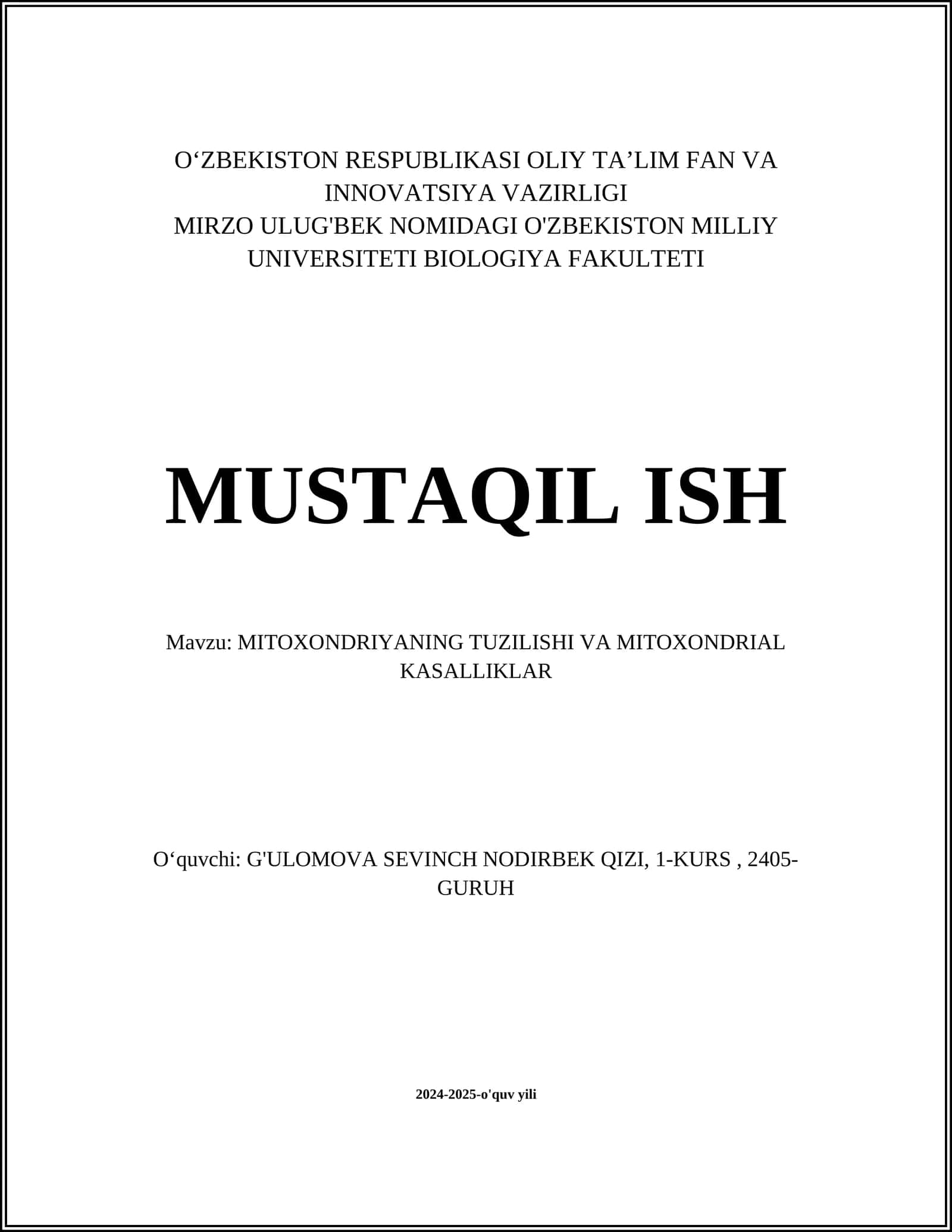 MITOXONDRIYANING TUZILISHI VA MITOXONDRIAL KASALLIKLAR