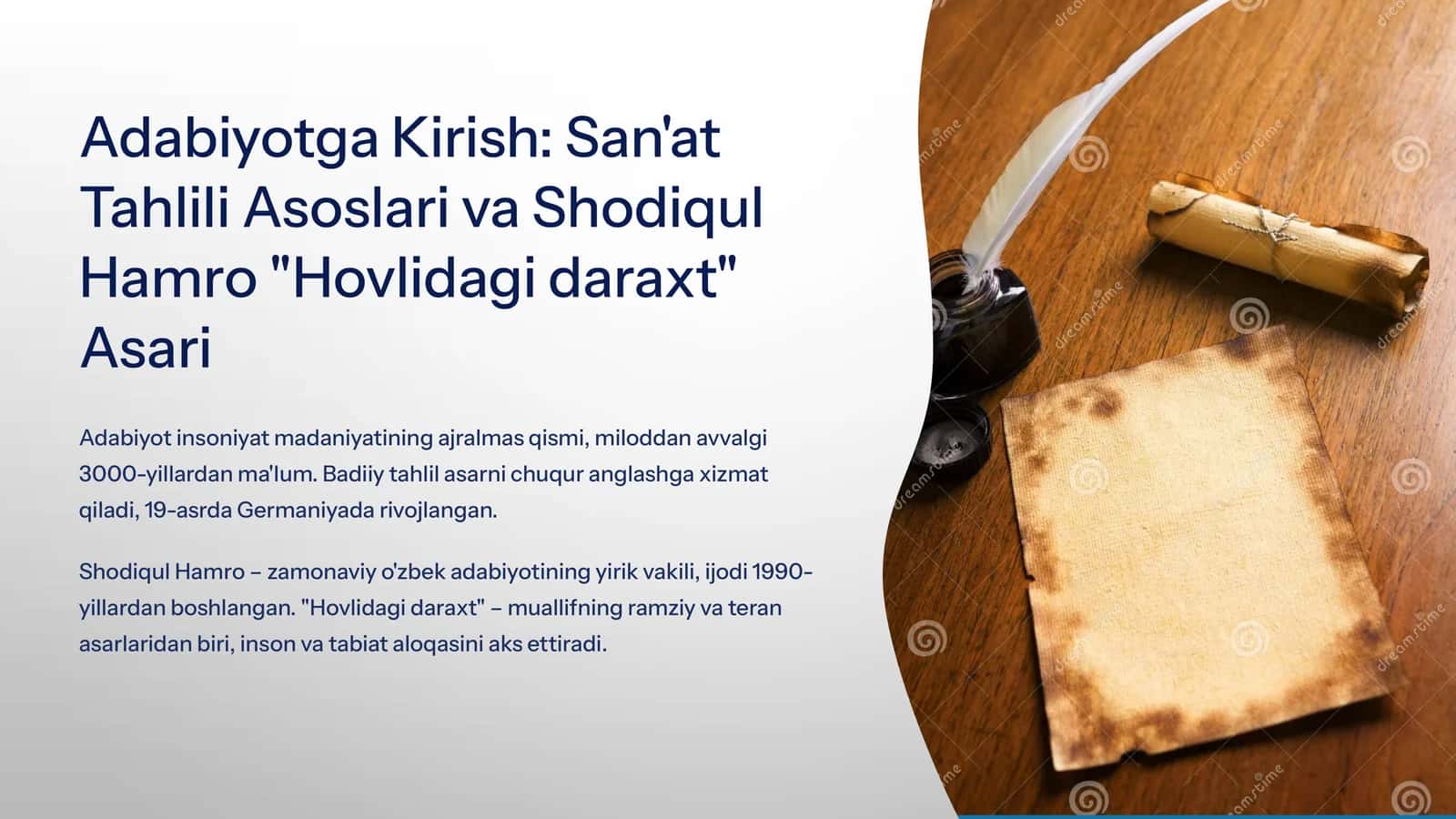 Adabiyotga Kirish: San'at Tahlili Asoslari va Shodiqul Hamro "Hovlidagi daraxt" Asari