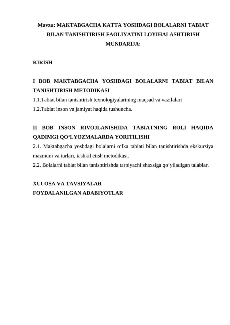 Maktabgacha Katdagi Bolalarni Tabiat Bilan Tanishtirish Faoliyati