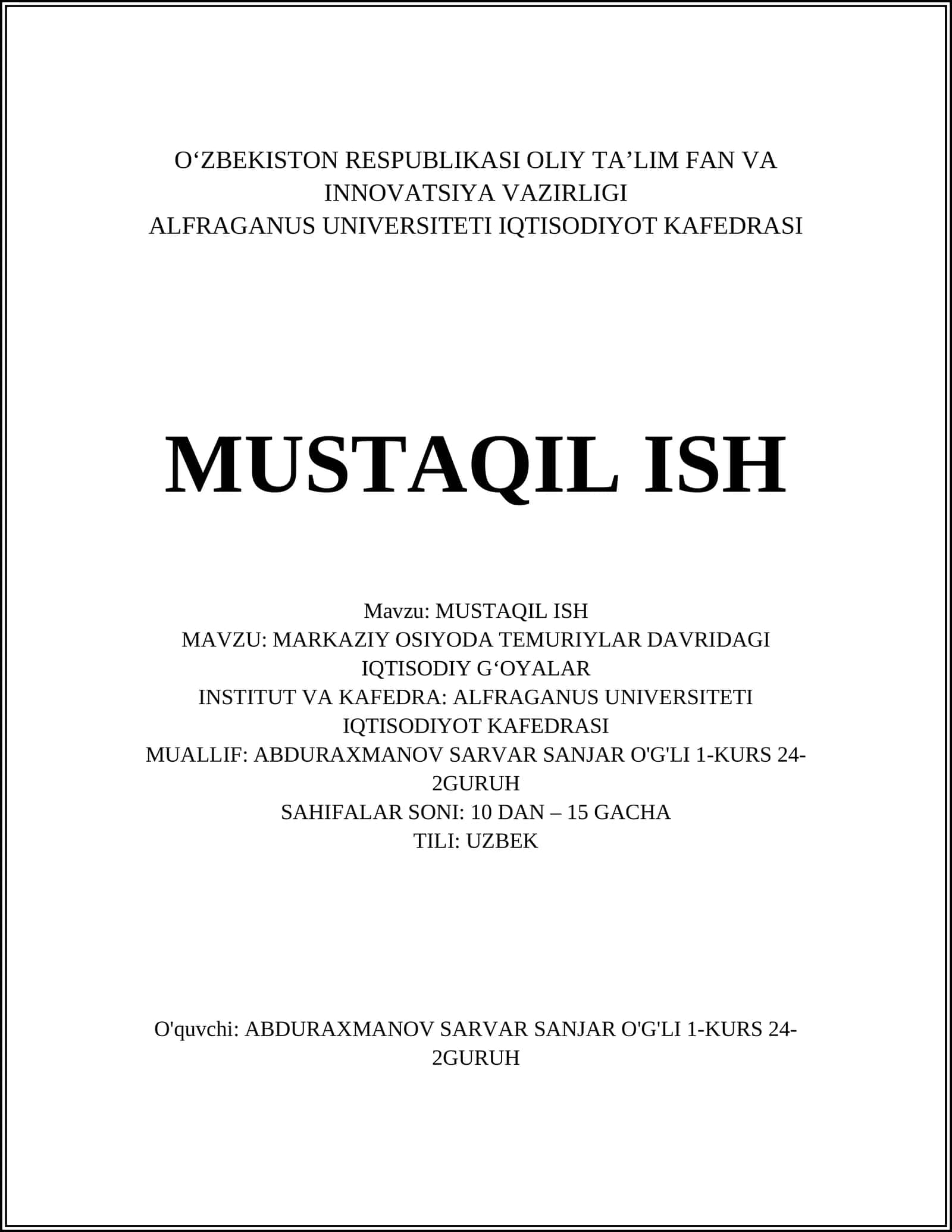 MARKAZIY OSIYODA TEMURIYLAR DAVRIDAGI IQTISODIY GʻOYALAR