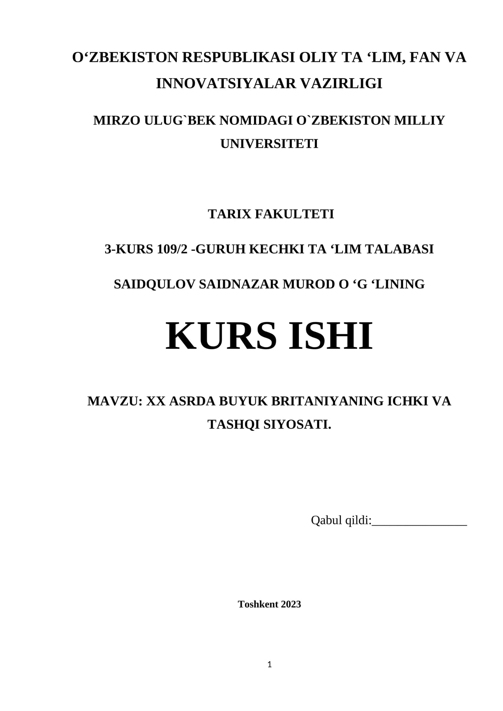 XX ASRDA BUYUK BRITANIYANING ICHKI VA TASHQI SIYOSATI