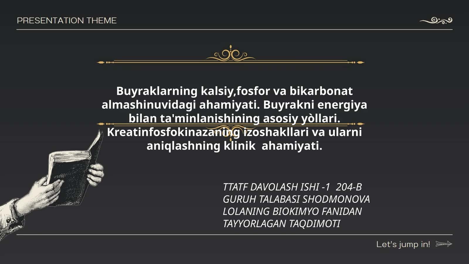 TTATF DAVOLASH ISHI -1 204-B GURUH TALABASI SHODMONOVA LOLANING BIOKIMYO FANIDAN TAYYORLAGAN TAQDIMOTI