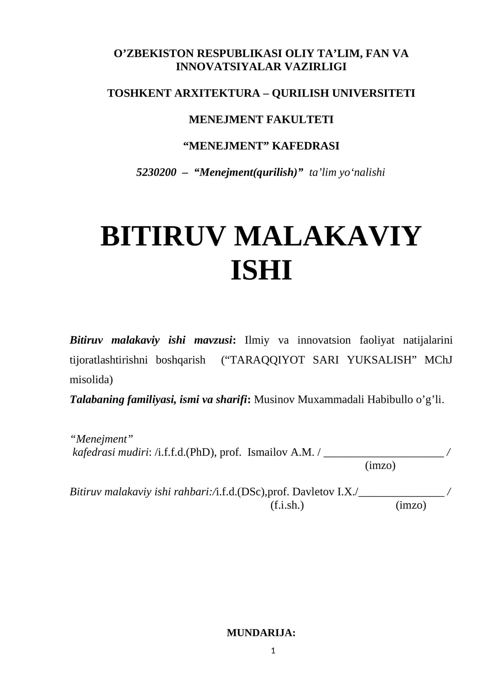 Bitiruv malakaviy ishi: Ilmiy va innovatsion faoliyat natijalarini tijoratlashtirishni boshqarish ("TARAQQIYOT SARI YUKSALISH" MChJ misolida)