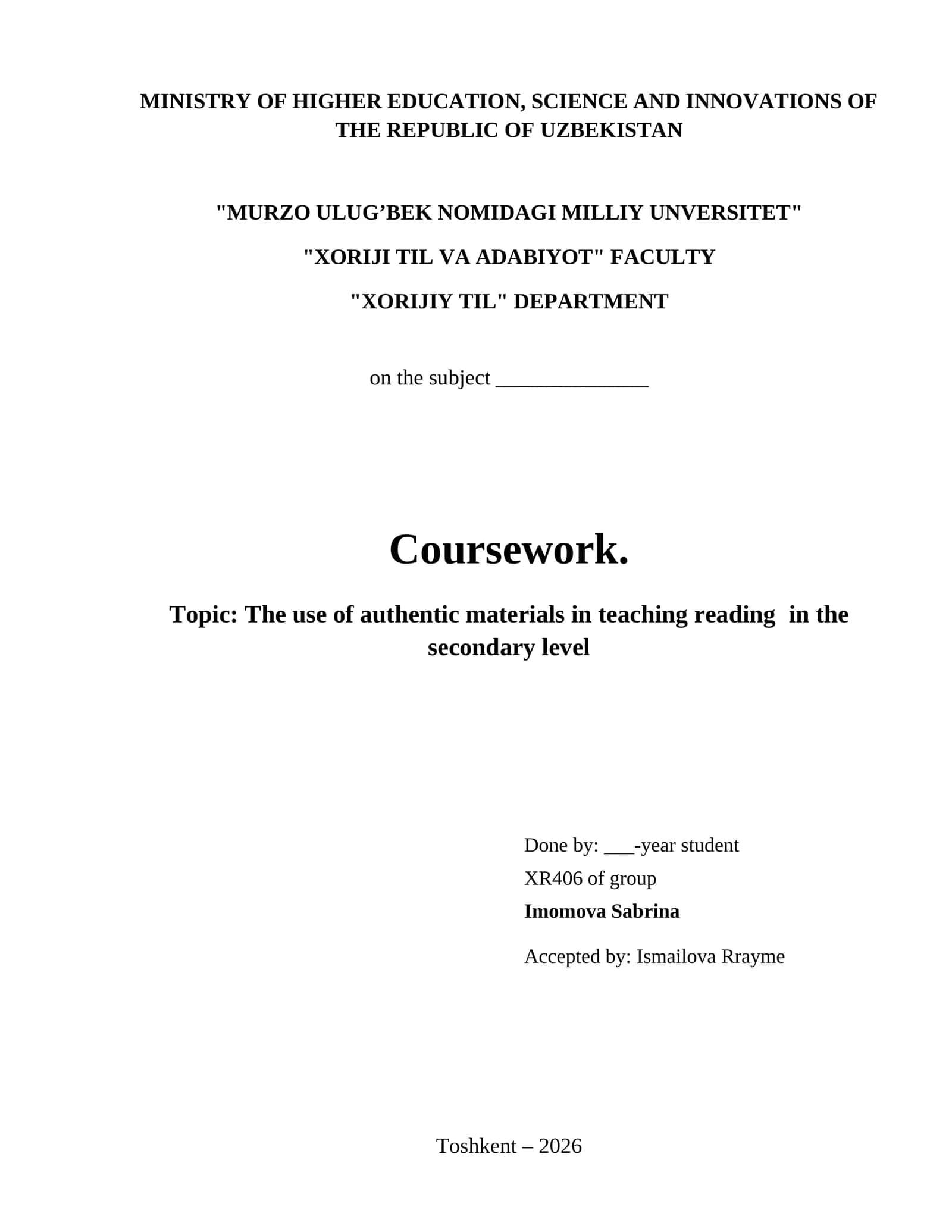 The use of authentic materials in teaching reading  in the  secondary level