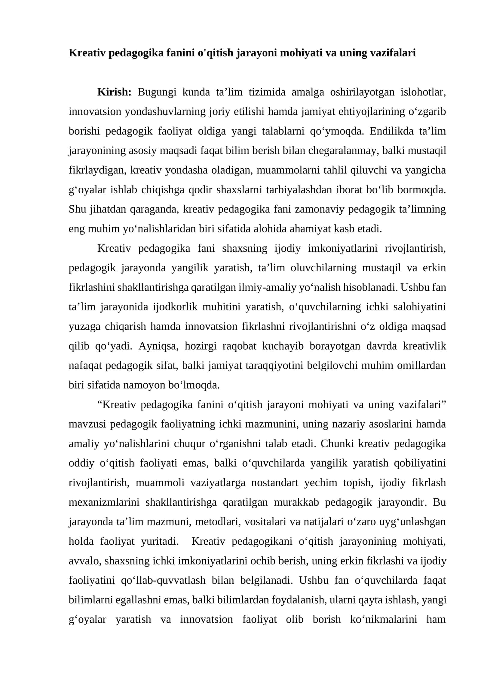 Kreativ pedagogika fanini o'qitish jarayoni mohiyati va uning vazifalari