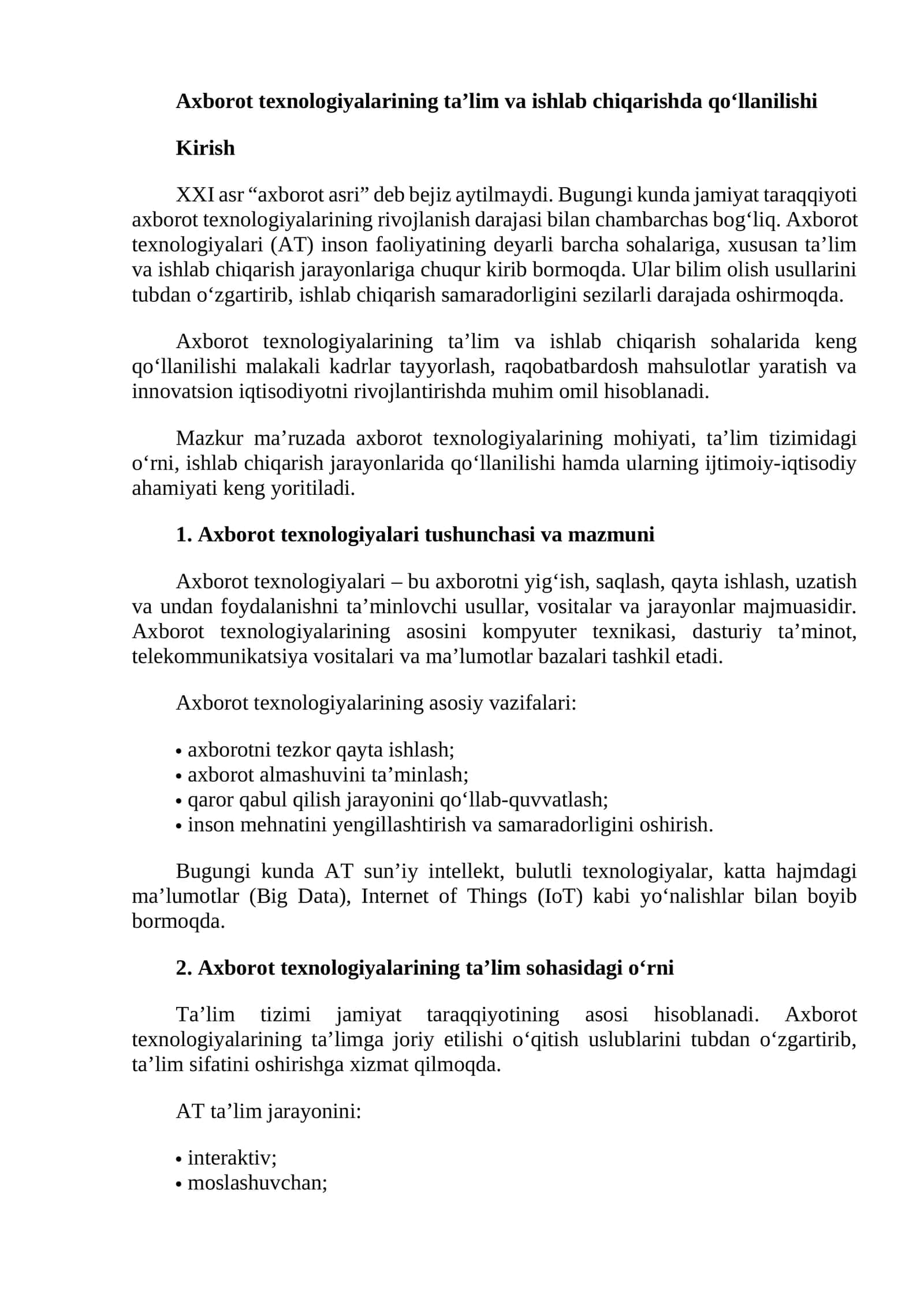 Axborot texnologiyalarining ta’lim va ishlab chiqarishda qo‘llanilishi