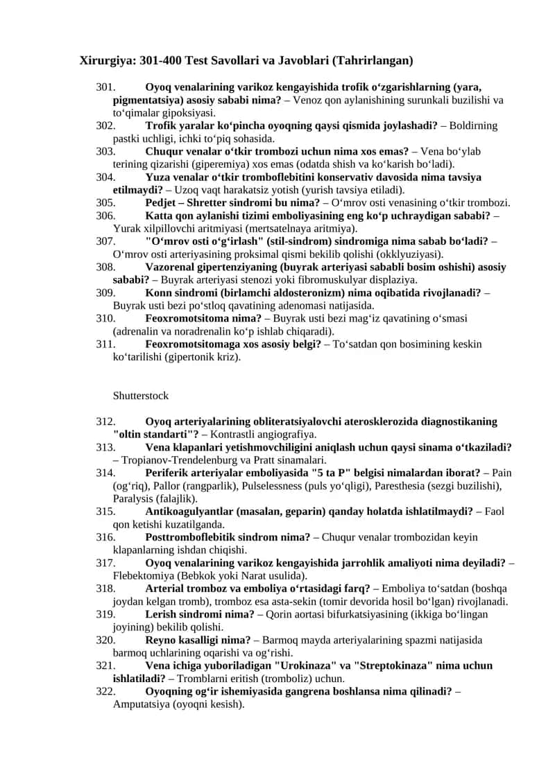 Xirurgiya: 301-400 Test Savollari va Javoblari 4- qism (Tahrirlangan)