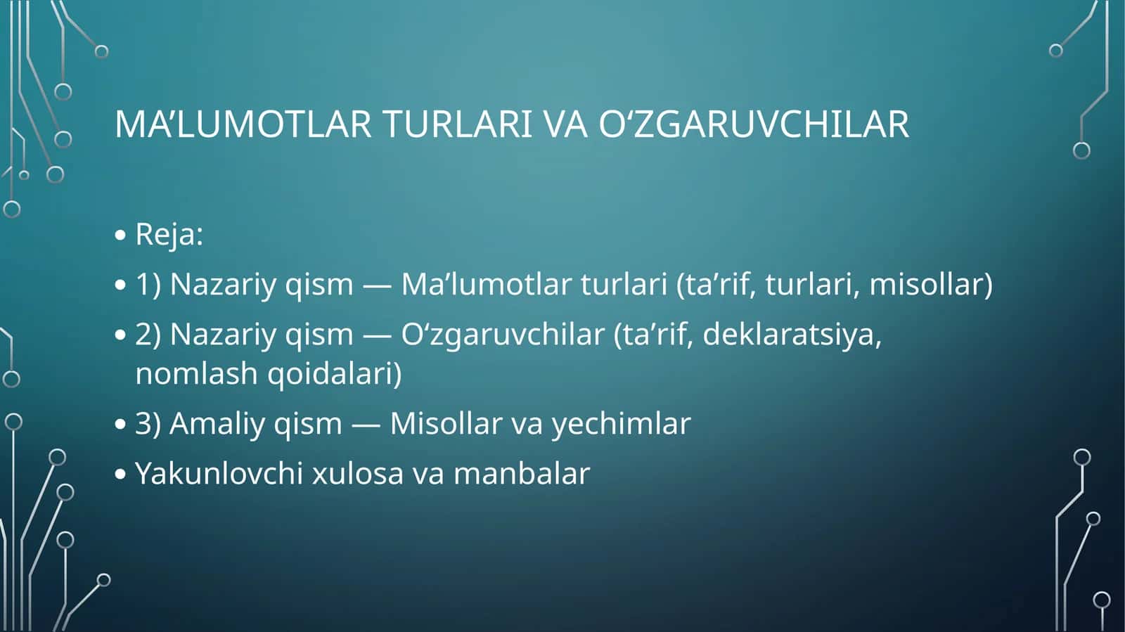 Ma'lumotlar turlari va o'zgaruvchilar
